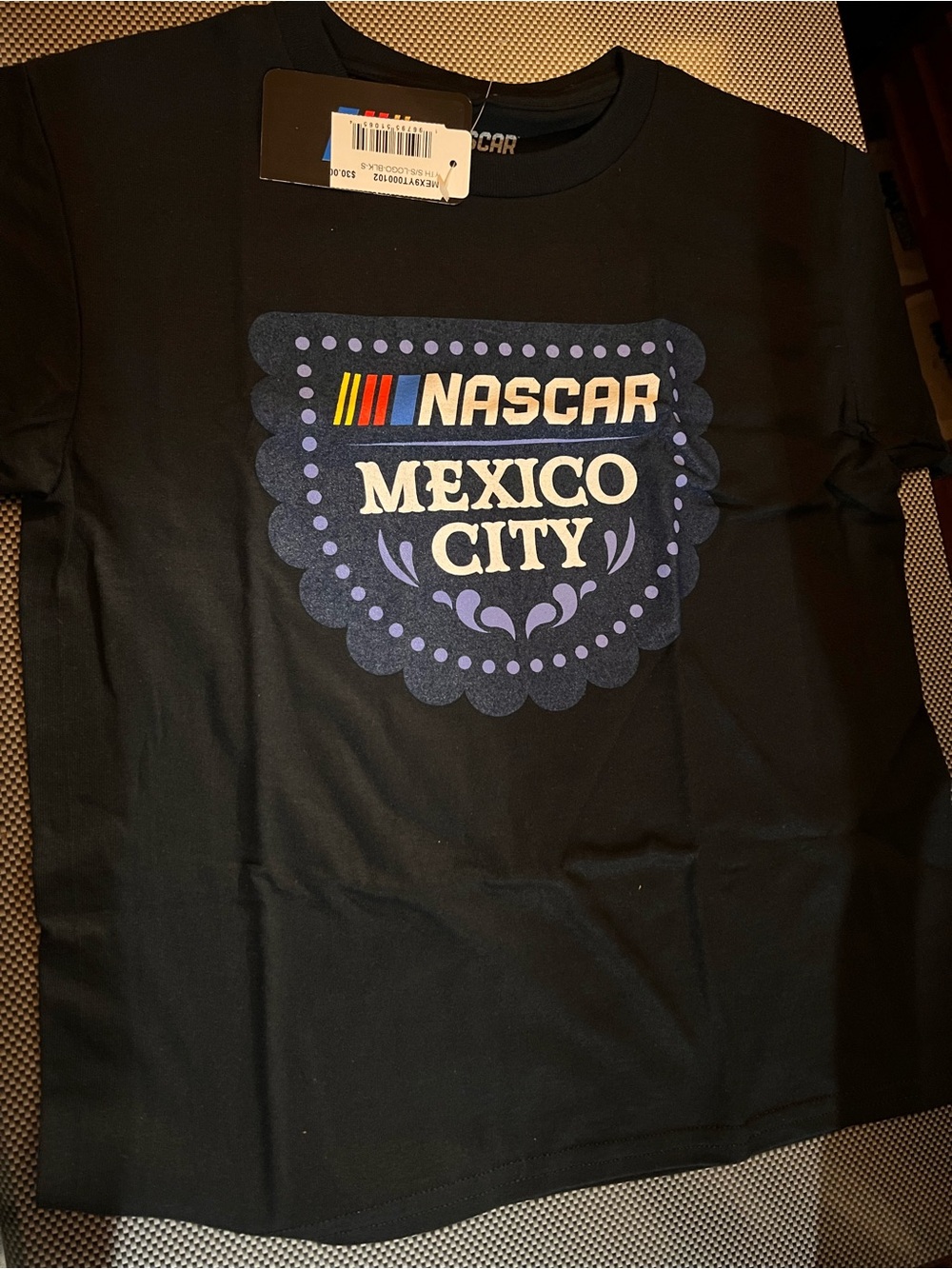 Nascar Black Tee with Multicolor Logo Stripes